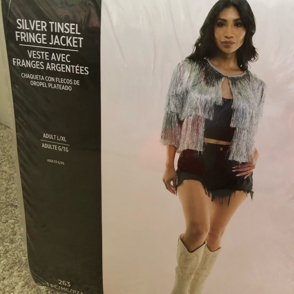 New Silver Tinsel Fringe Jacket women sz X/XL Costume Cowgirl Festival Concert